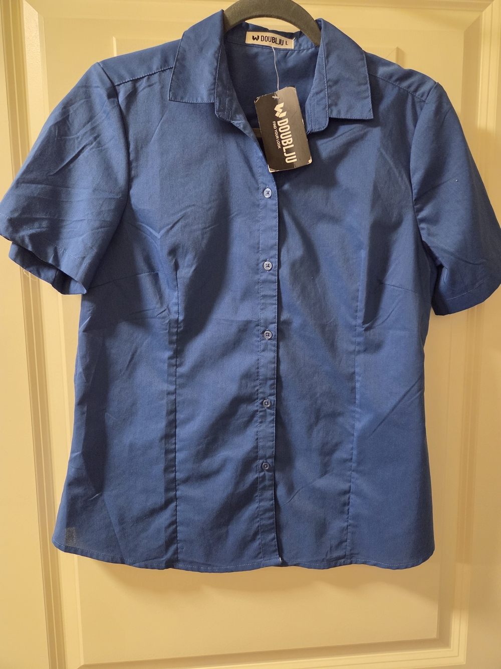 Doublju Women's Short Sleeve Button-Down Shirt - Blue